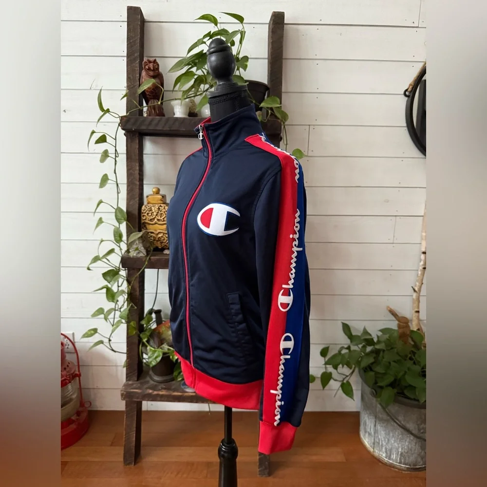 Champion Navy Blue and Red Zip-Up Jacket with Iconic Logo On Front Unisex